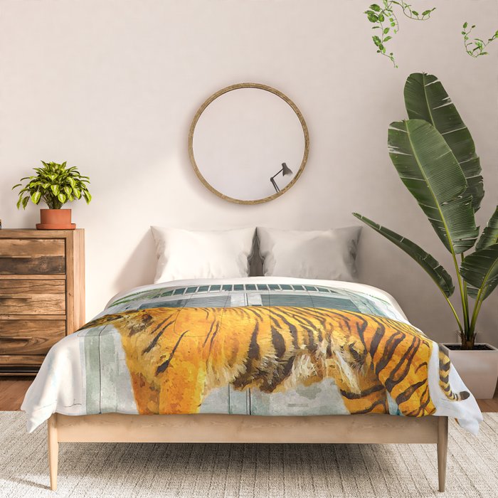 94 Tropical, Greece Architecture Buildings Tiger Wild Cat Watercolor Palm Travel Bohemian Painting Comforter Gallery Image 3