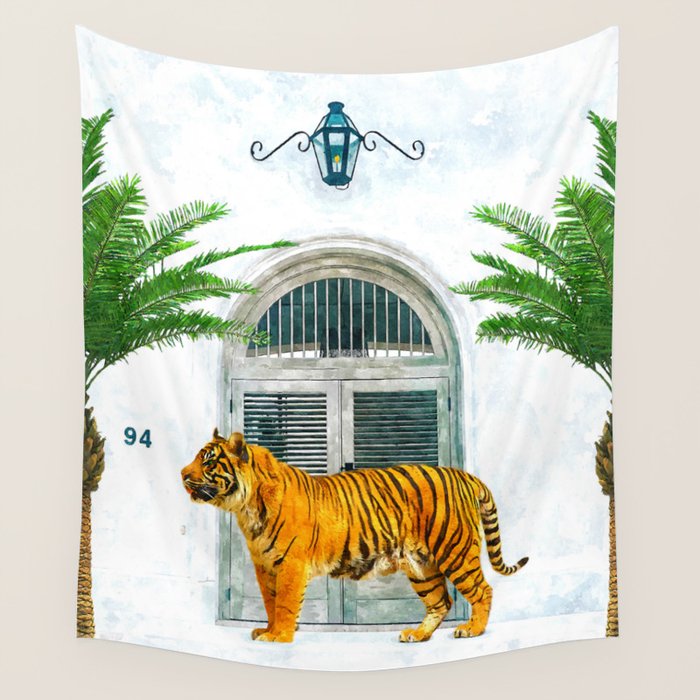 94 Tropical, Greece Architecture Buildings Tiger Wild Cat Watercolor Palm Travel Bohemian Painting Wall Tapestry Gallery Image 4
