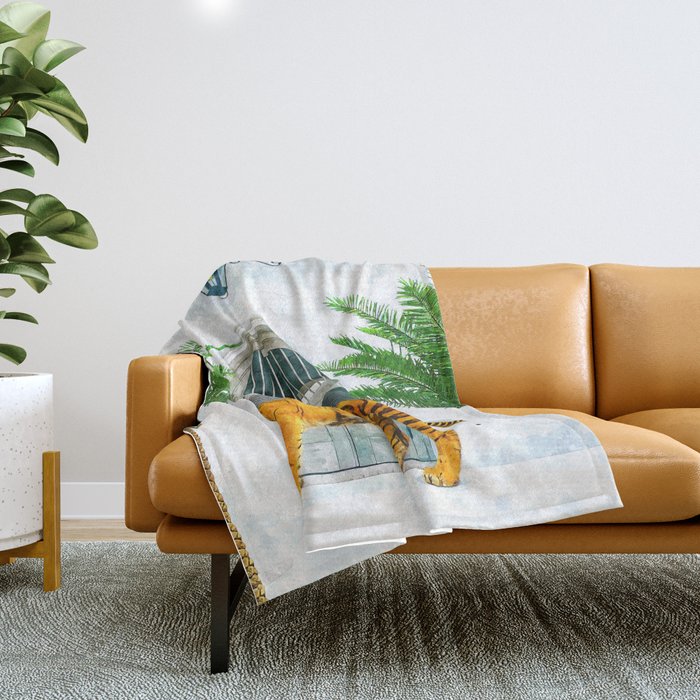 94 Tropical, Greece Architecture Buildings Tiger Wild Cat Watercolor Palm Travel Bohemian Painting Throw Blanket Gallery Image 1