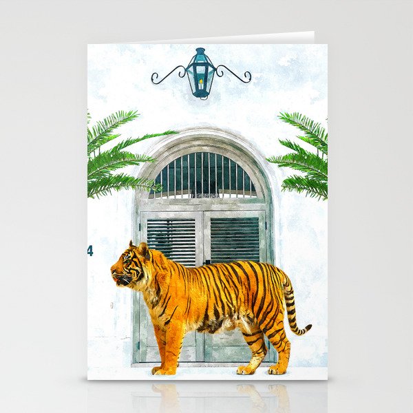 94 Tropical, Greece Architecture Buildings Tiger Wild Cat Watercolor Palm Travel Bohemian Painting Stationery Card Gallery Image 1