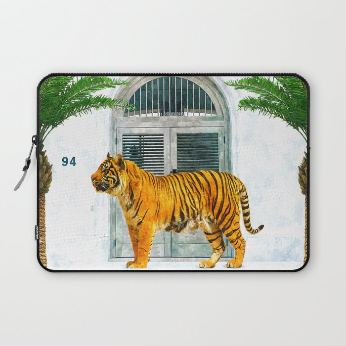 94 Tropical, Greece Architecture Buildings Tiger Wild Cat Watercolor Palm Travel Bohemian Painting Laptop Sleeve Gallery Image 1