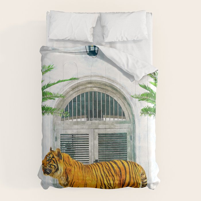 94 Tropical, Greece Architecture Buildings Tiger Wild Cat Watercolor Palm Travel Bohemian Painting Comforter Gallery Image 1