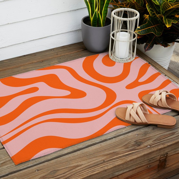Modern Retro Liquid Swirl Pink and Orange Abstract Pattern Outdoor Rug Gallery Image 2