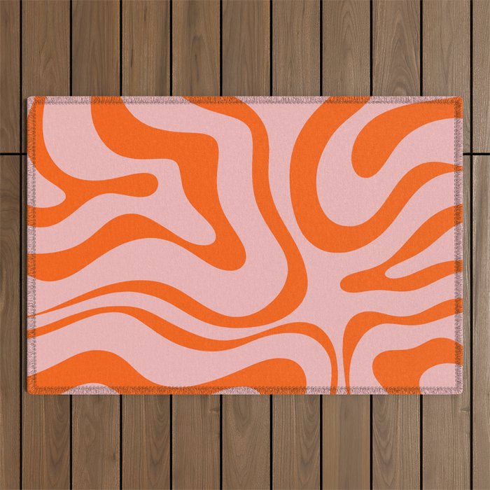 Modern Retro Liquid Swirl Pink and Orange Abstract Pattern Outdoor Rug Gallery Image 1