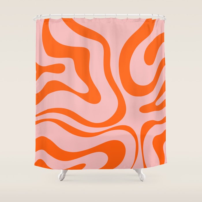 Modern Retro Liquid Swirl Pink and Orange Abstract Pattern Shower Curtain Gallery Image 1