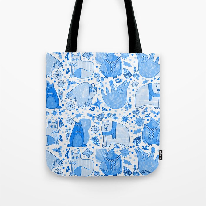 Winter Forest Woodland Animals in Blue Tote Bag Gallery Image 1
