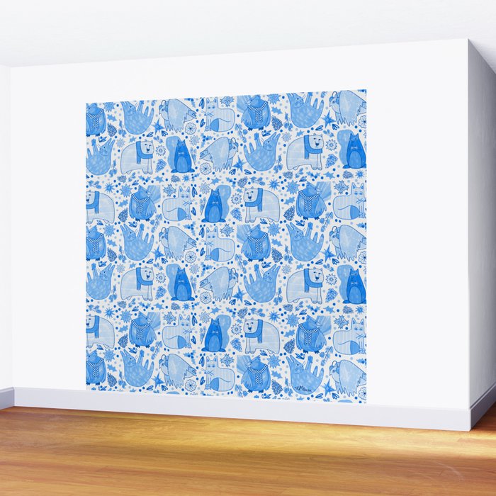 Winter Forest Woodland Animals in Blue Wall Mural Gallery Image 2