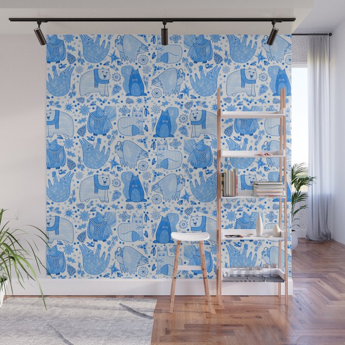 Winter Forest Woodland Animals in Blue Wall Mural Gallery Image 1