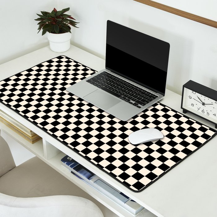 Checkerboard Mini Check Pattern in Black and Almond Cream Desk Mat Gallery Image 2