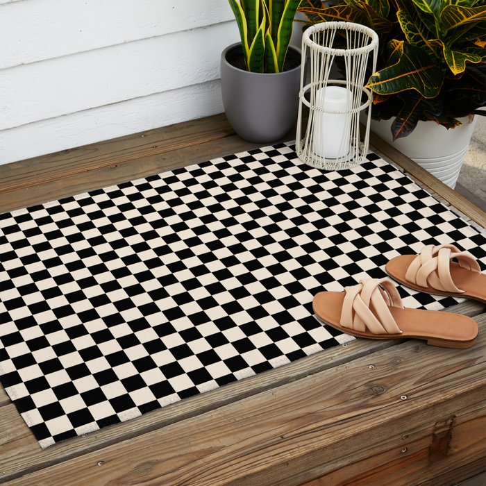 Checkerboard Mini Check Pattern in Black and Almond Cream Outdoor Rug Gallery Image 2
