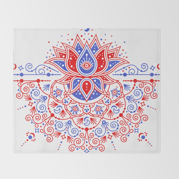 Sacred Lotus Mandala - Red & Blue Palette Throw Blanket Gallery Image 2