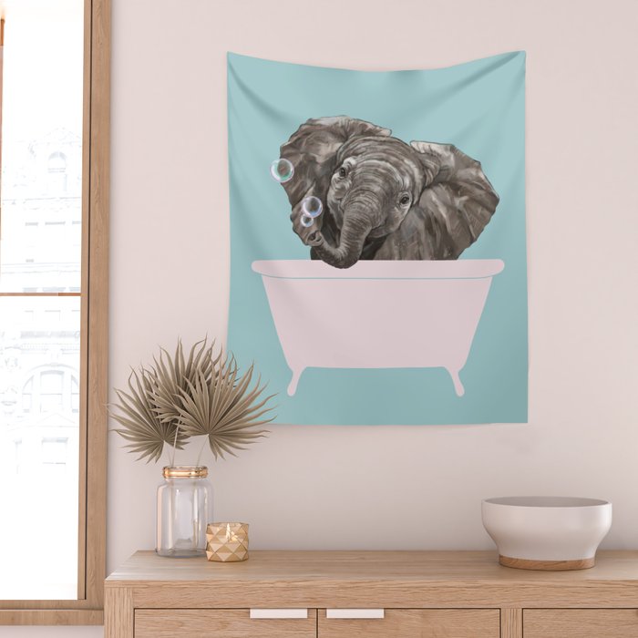 Baby Elephant in Bathtub Wall Tapestry Gallery Image 2