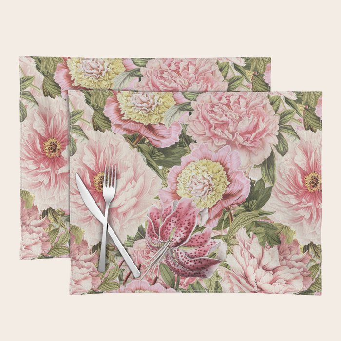 Vintage & Shabby Chic Floral Peony & Lily Flowers Watercolor Pattern Placemat Gallery Image 1