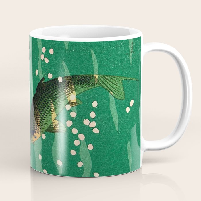 Vintage Japanese Woodblock Print Asian Art Koi Pond Fish Turquoise Green Water Cherry Blossom Coffee Mug Gallery Image 1