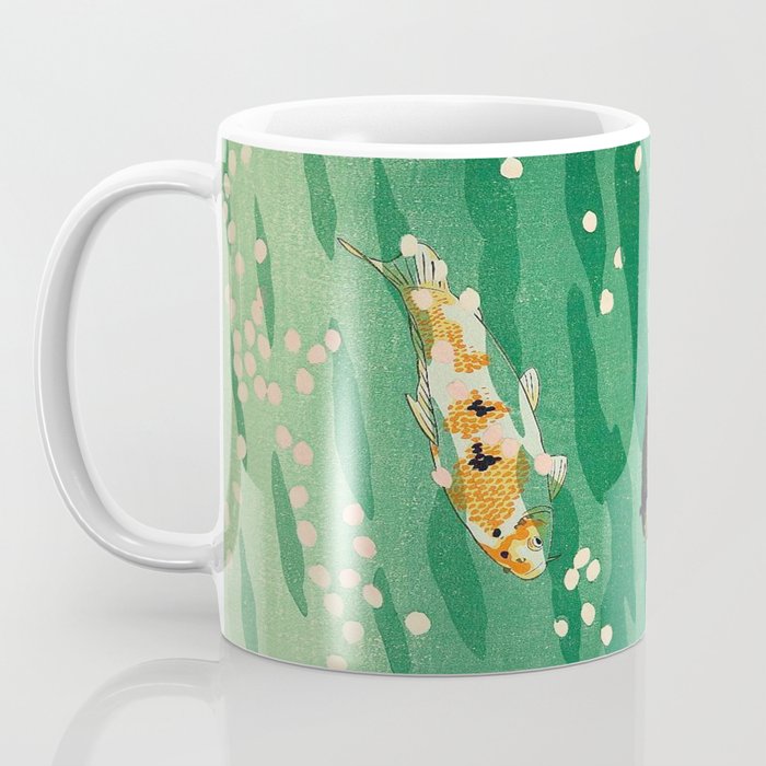 Vintage Japanese Woodblock Print Asian Art Koi Pond Fish Turquoise Green Water Cherry Blossom Coffee Mug Gallery Image 3