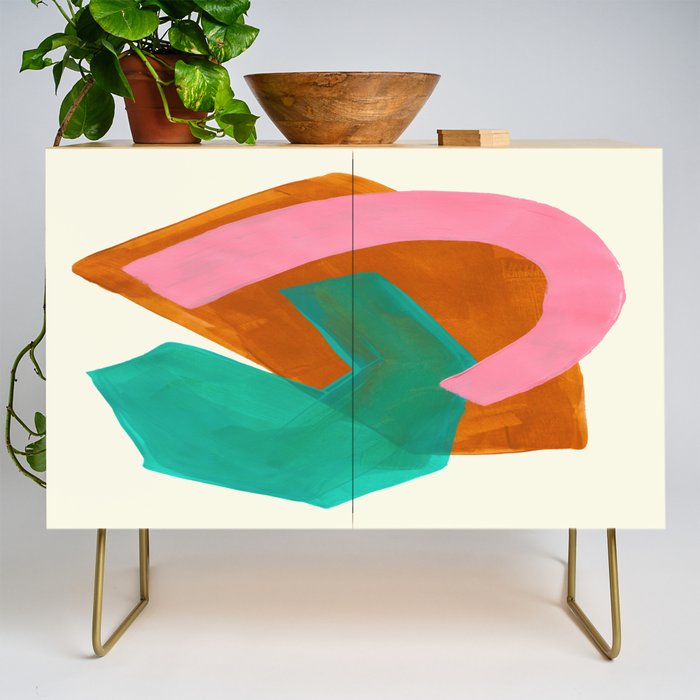 Ochre Pink Marine Green Fun Colorful Mid Century Modern Abstract Painting Shapes Pattern Credenza Gallery Image 1
