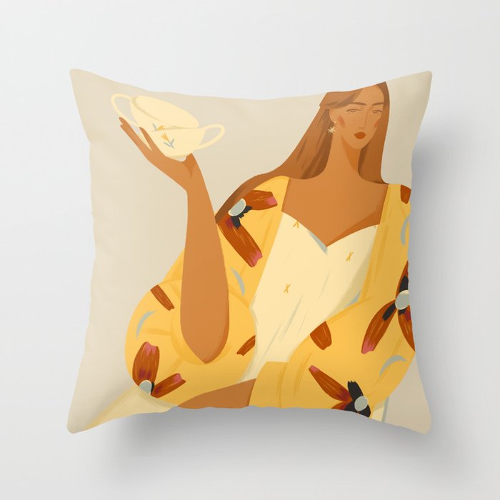 portrait of a red-haired girl with a cup Throw Pillow Gallery Image 1