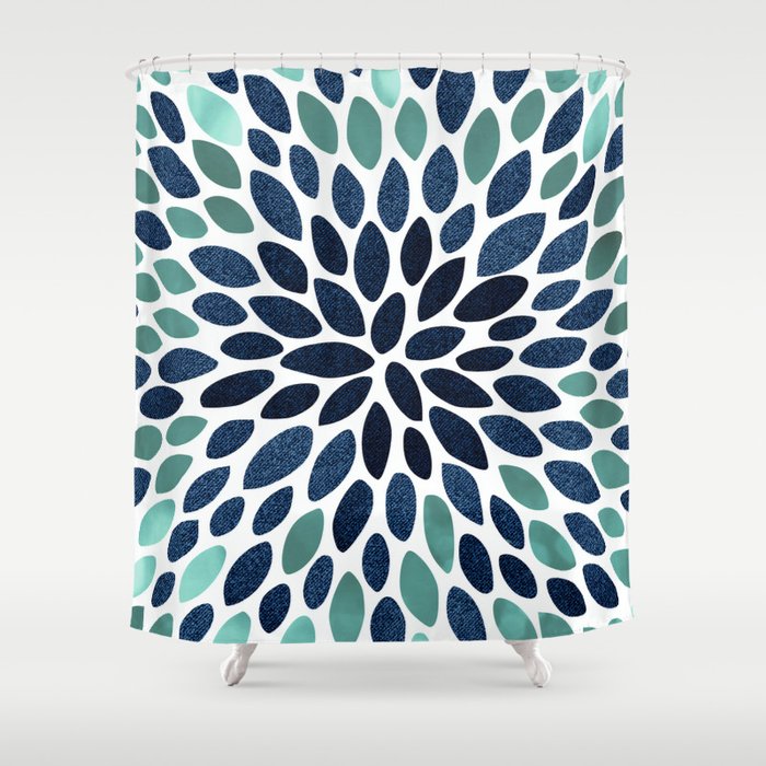 Flower Bloom, Aqua and Navy Shower Curtain Gallery Image 1