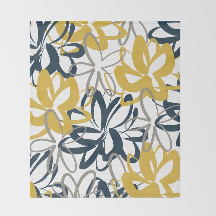 Lotus Garden Painted Floral Pattern in Light Mustard Yellow, Navy Blue, and Gray on White Throw Blanket Gallery Image 2