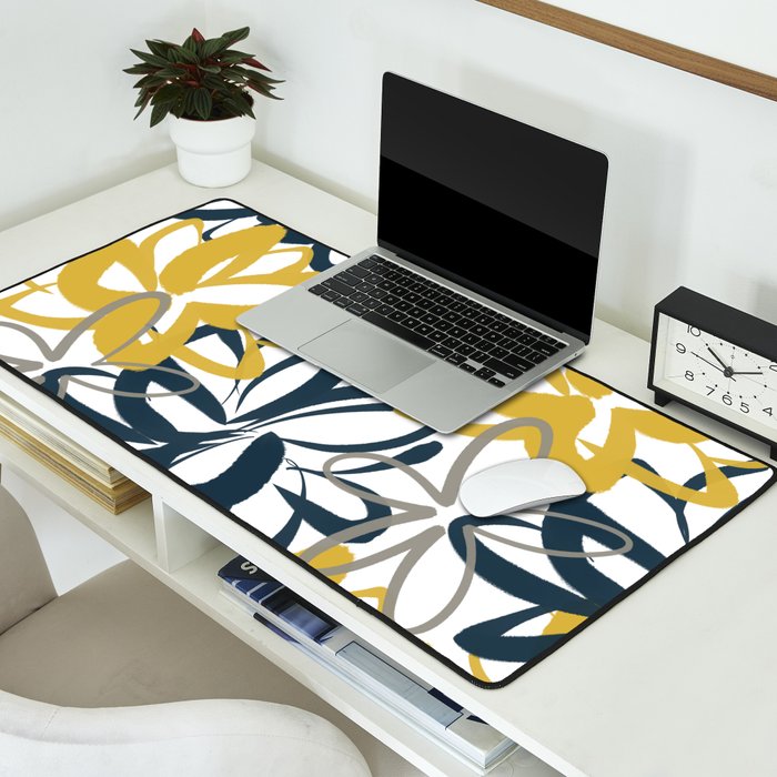 Lotus Garden Painted Floral Pattern in Light Mustard Yellow, Navy Blue, and Gray on White Desk Mat Gallery Image 2