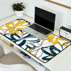Lotus Garden Painted Floral Pattern in Light Mustard Yellow, Navy Blue, and Gray on White Desk Mat Gallery Image 2