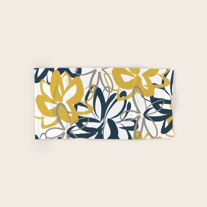 Lotus Garden Painted Floral Pattern in Light Mustard Yellow, Navy Blue, and Gray on White Bath Towel Gallery Image 1