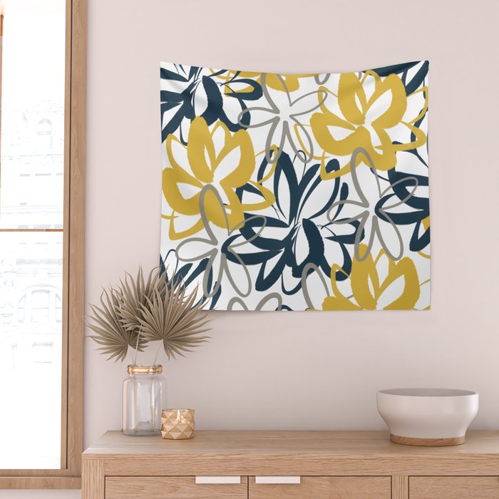 Lotus Garden Painted Floral Pattern in Light Mustard Yellow, Navy Blue, and Gray on White Wall Tapestry Gallery Image 2