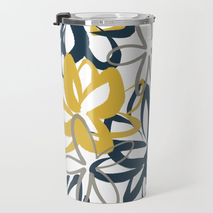 Lotus Garden Painted Floral Pattern in Light Mustard Yellow, Navy Blue, and Gray on White Travel Mug Gallery Image 3