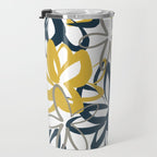 Lotus Garden Painted Floral Pattern in Light Mustard Yellow, Navy Blue, and Gray on White Travel Mug Gallery Image 3