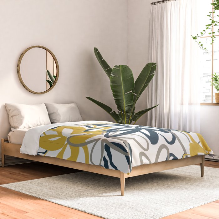 Lotus Garden Painted Floral Pattern in Light Mustard Yellow, Navy Blue, and Gray on White Comforter Gallery Image 2