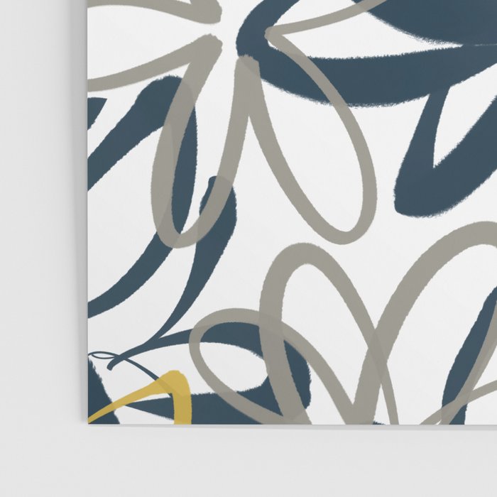Lotus Garden Painted Floral Pattern in Light Mustard Yellow, Navy Blue, and Gray on White Poster Gallery Image 3