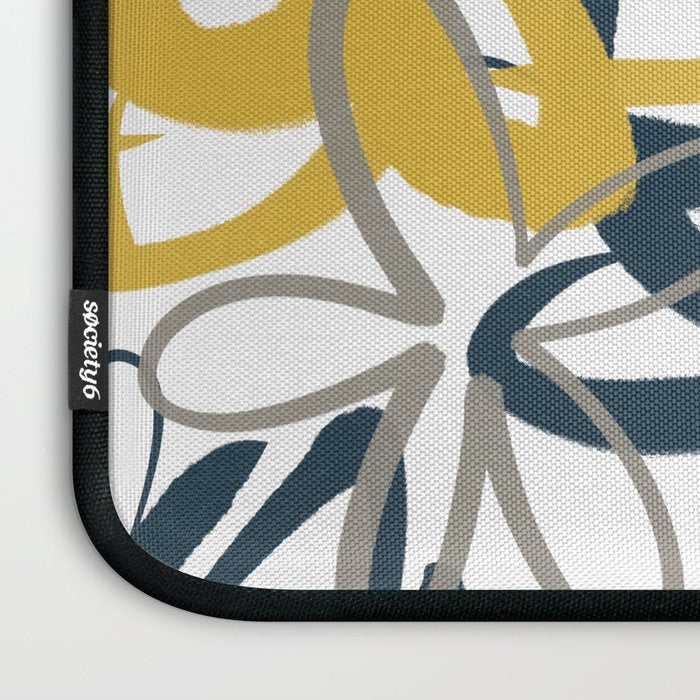 Lotus Garden Painted Floral Pattern in Light Mustard Yellow, Navy Blue, and Gray on White Laptop Sleeve Gallery Image 3