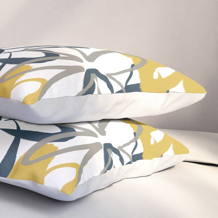 Lotus Garden Painted Floral Pattern in Light Mustard Yellow, Navy Blue, and Gray on White Pillow Sham Gallery Image 3