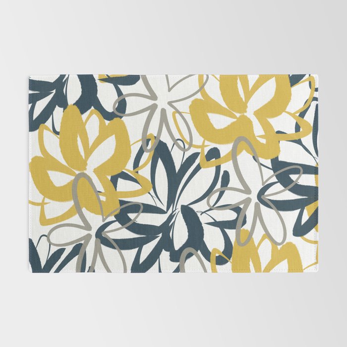 Lotus Garden Painted Floral Pattern in Light Mustard Yellow, Navy Blue, and Gray on White Rug Gallery Image 2