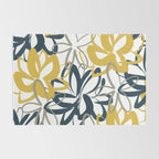 Lotus Garden Painted Floral Pattern in Light Mustard Yellow, Navy Blue, and Gray on White Rug Gallery Image 2
