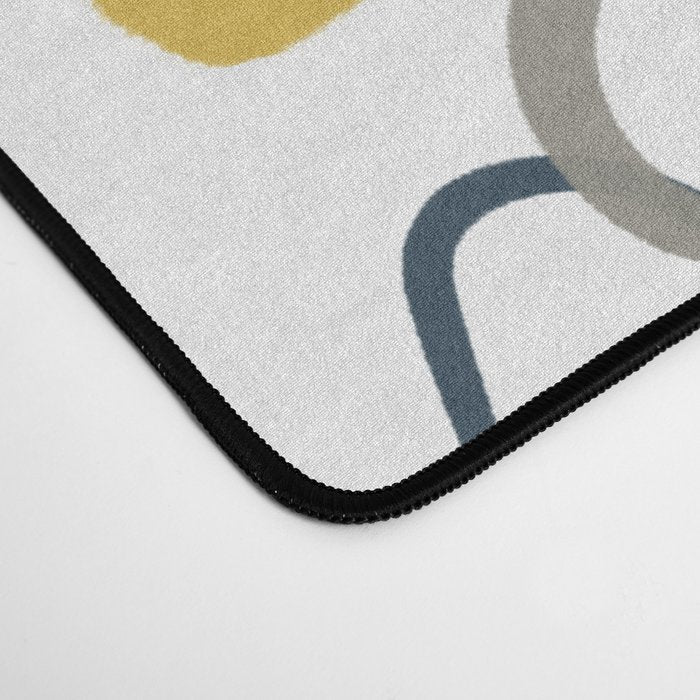 Lotus Garden Painted Floral Pattern in Light Mustard Yellow, Navy Blue, and Gray on White Desk Mat Gallery Image 4