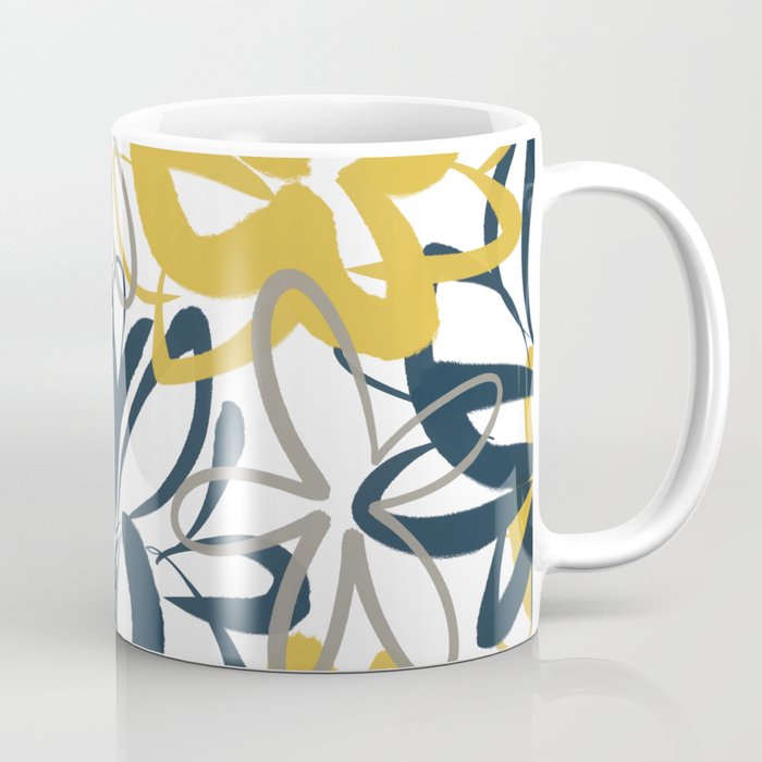 Lotus Garden Painted Floral Pattern in Light Mustard Yellow, Navy Blue, and Gray on White Coffee Mug Gallery Image 1