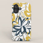 Lotus Garden Painted Floral Pattern in Light Mustard Yellow, Navy Blue, and Gray on White iPhone Case Gallery Image 1