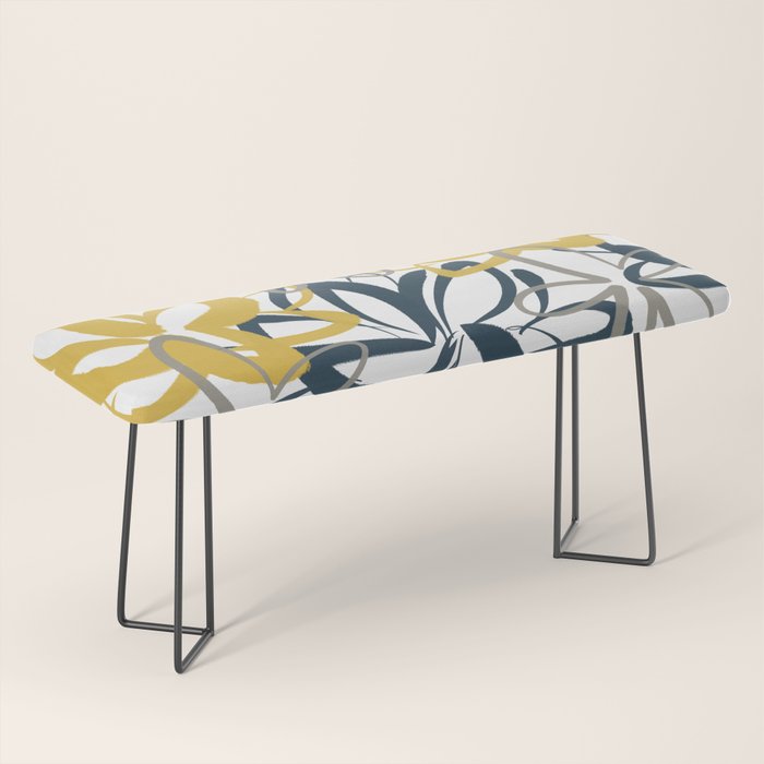 Lotus Garden Painted Floral Pattern in Light Mustard Yellow, Navy Blue, and Gray on White Bench Gallery Image 1