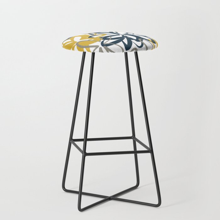 Lotus Garden Painted Floral Pattern in Light Mustard Yellow, Navy Blue, and Gray on White Stool Gallery Image 1