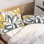 Lotus Garden Painted Floral Pattern in Light Mustard Yellow, Navy Blue, and Gray on White Pillow Sham Gallery Image 2