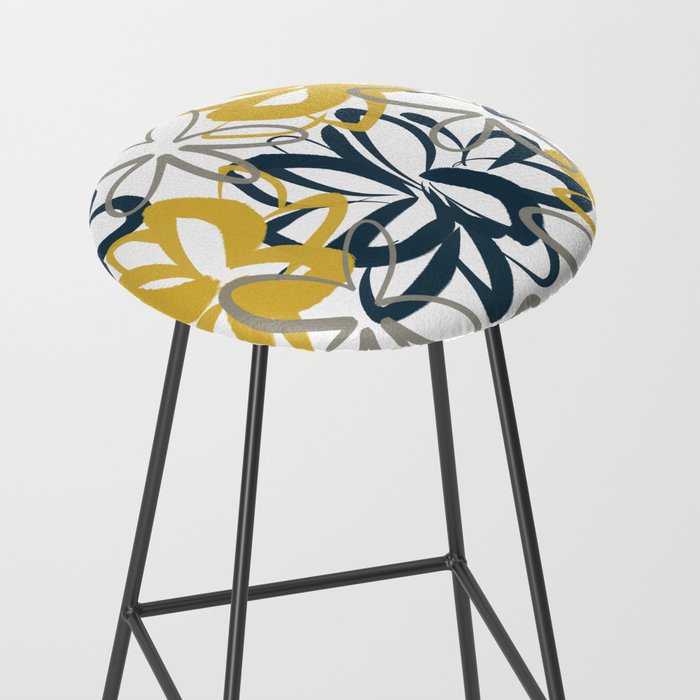 Lotus Garden Painted Floral Pattern in Light Mustard Yellow, Navy Blue, and Gray on White Stool Gallery Image 2