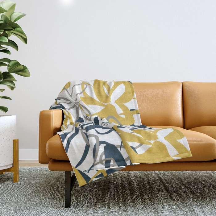 Lotus Garden Painted Floral Pattern in Light Mustard Yellow, Navy Blue, and Gray on White Throw Blanket Gallery Image 1