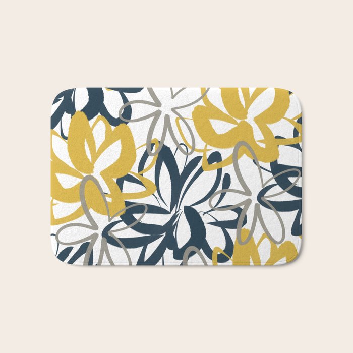 Lotus Garden Painted Floral Pattern in Light Mustard Yellow, Navy Blue, and Gray on White Bath Mat Gallery Image 1