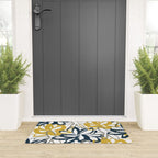 Lotus Garden Painted Floral Pattern in Light Mustard Yellow, Navy Blue, and Gray on White Welcome Mat Gallery Image 3