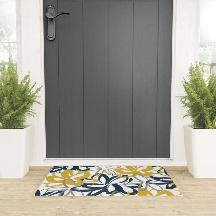 Lotus Garden Painted Floral Pattern in Light Mustard Yellow, Navy Blue, and Gray on White Welcome Mat Gallery Image 3