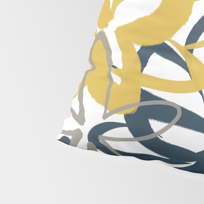 Lotus Garden Painted Floral Pattern in Light Mustard Yellow, Navy Blue, and Gray on White Pillow Sham Gallery Image 4