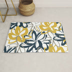 Lotus Garden Painted Floral Pattern in Light Mustard Yellow, Navy Blue, and Gray on White Rug Gallery Image 1