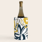 Lotus Garden Painted Floral Pattern in Light Mustard Yellow, Navy Blue, and Gray on White Wine Chiller Gallery Image 1