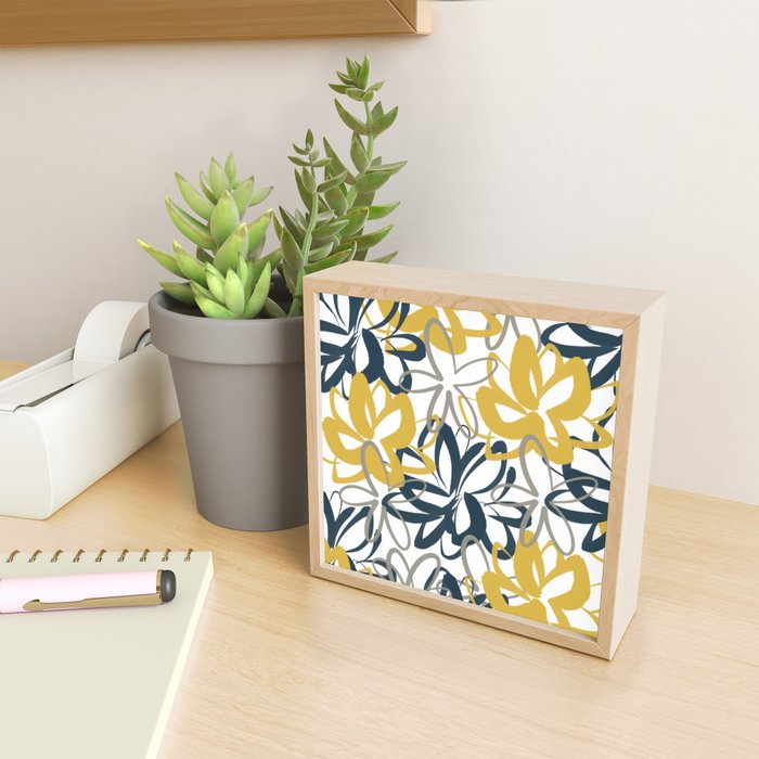 Lotus Garden Painted Floral Pattern in Light Mustard Yellow, Navy Blue, and Gray on White Mini Art Print Gallery Image 2